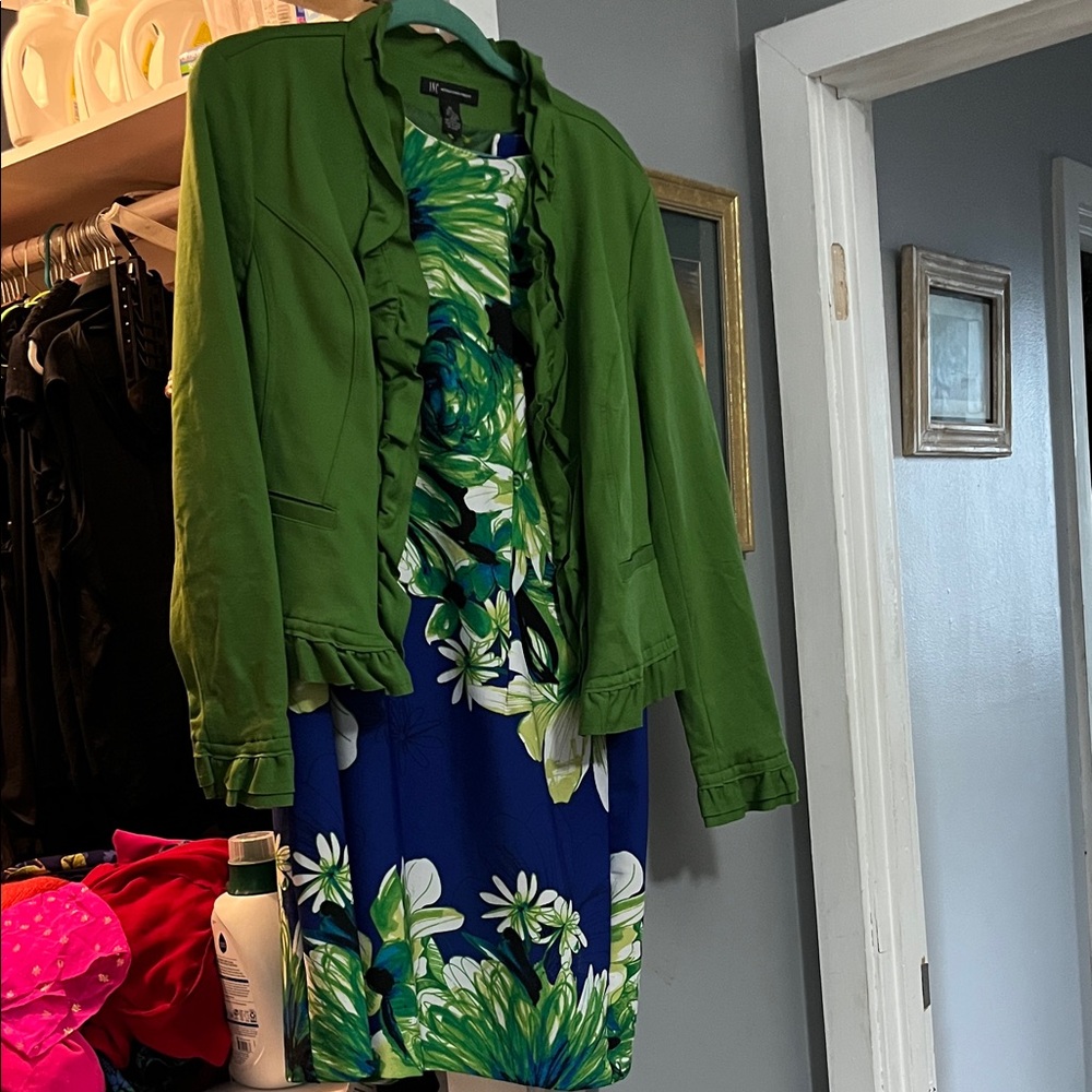 INC Green Ruffle Jacket with matching Ronni Nicole Blue & Green Floral Dress